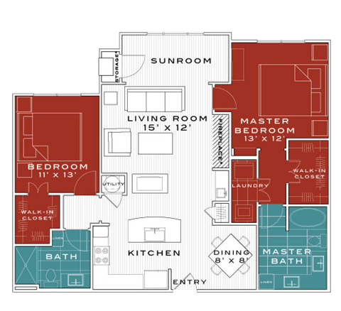 Floor plan for 2 beds, 2 baths, 1310 sqft
